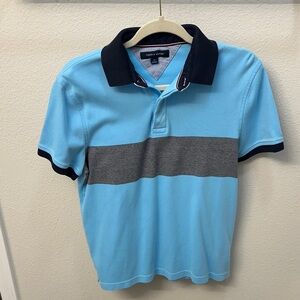 Tommy Hilfiger Light Blue Polo with Navy Collar and Gray Chest Stripe